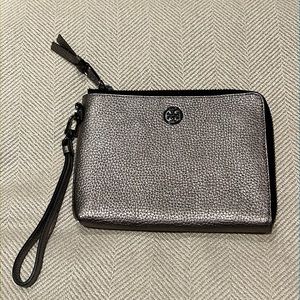 Tory Burch silver leather wristlet